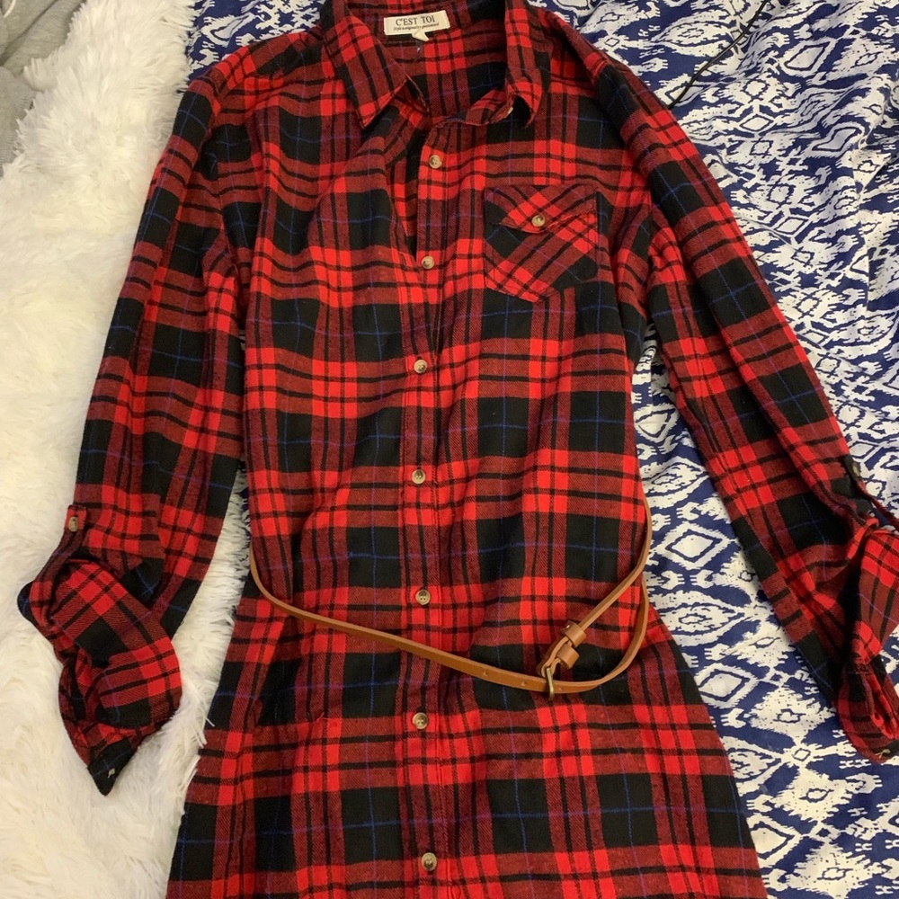 Dark red plaid tunic dress with faux leather belt